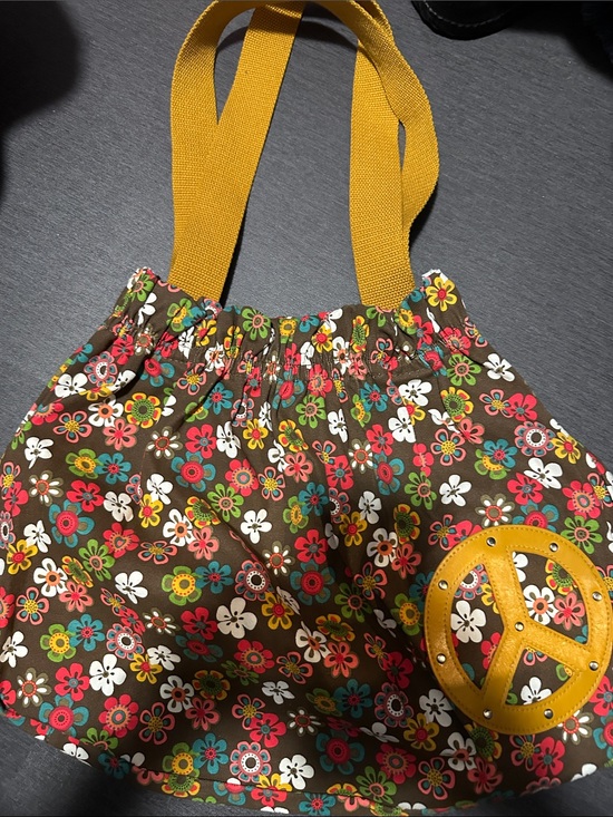 Handbags - Floral Patterned Brown Tote with Mustard Straps